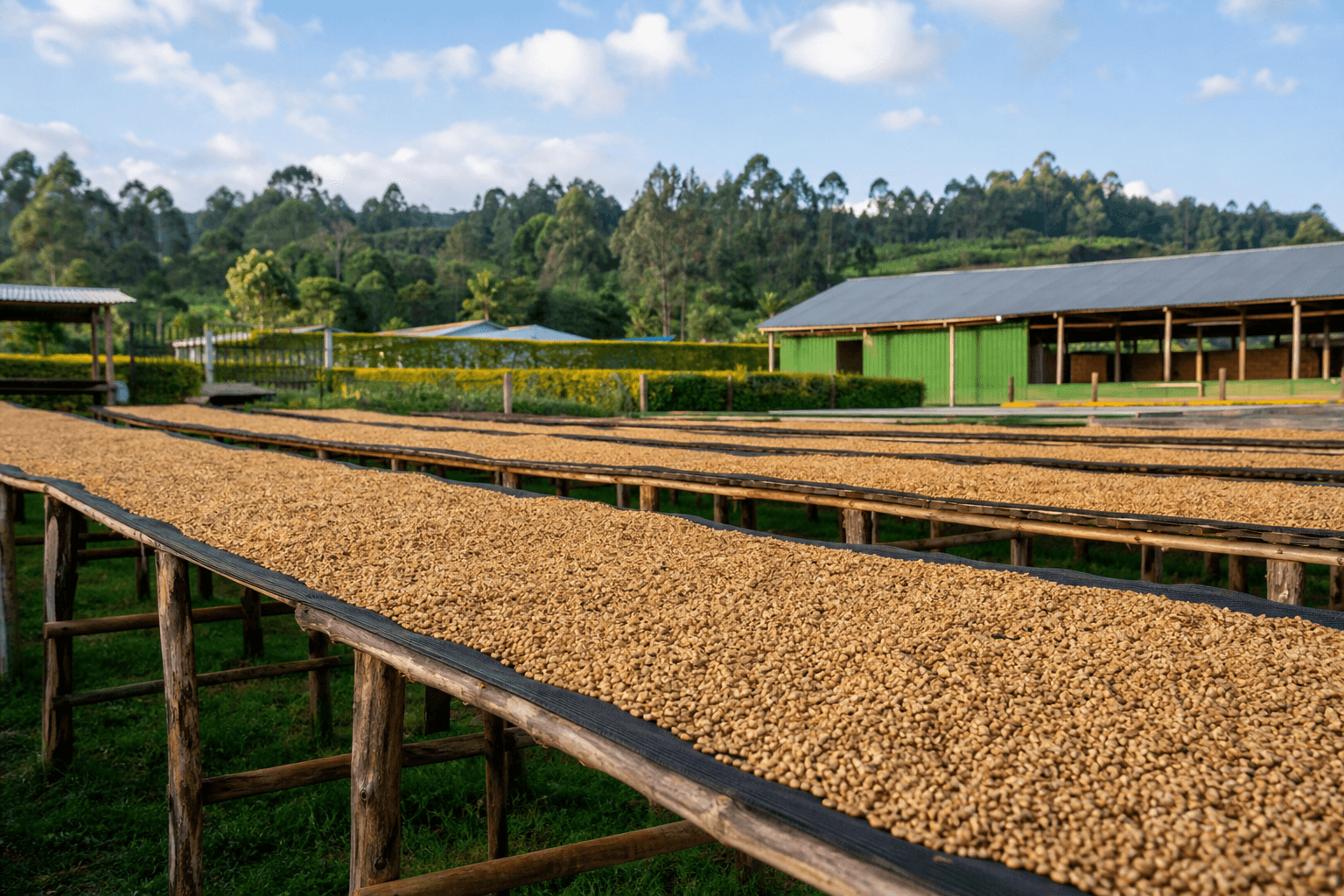 Coffee parchment drying on raised beds