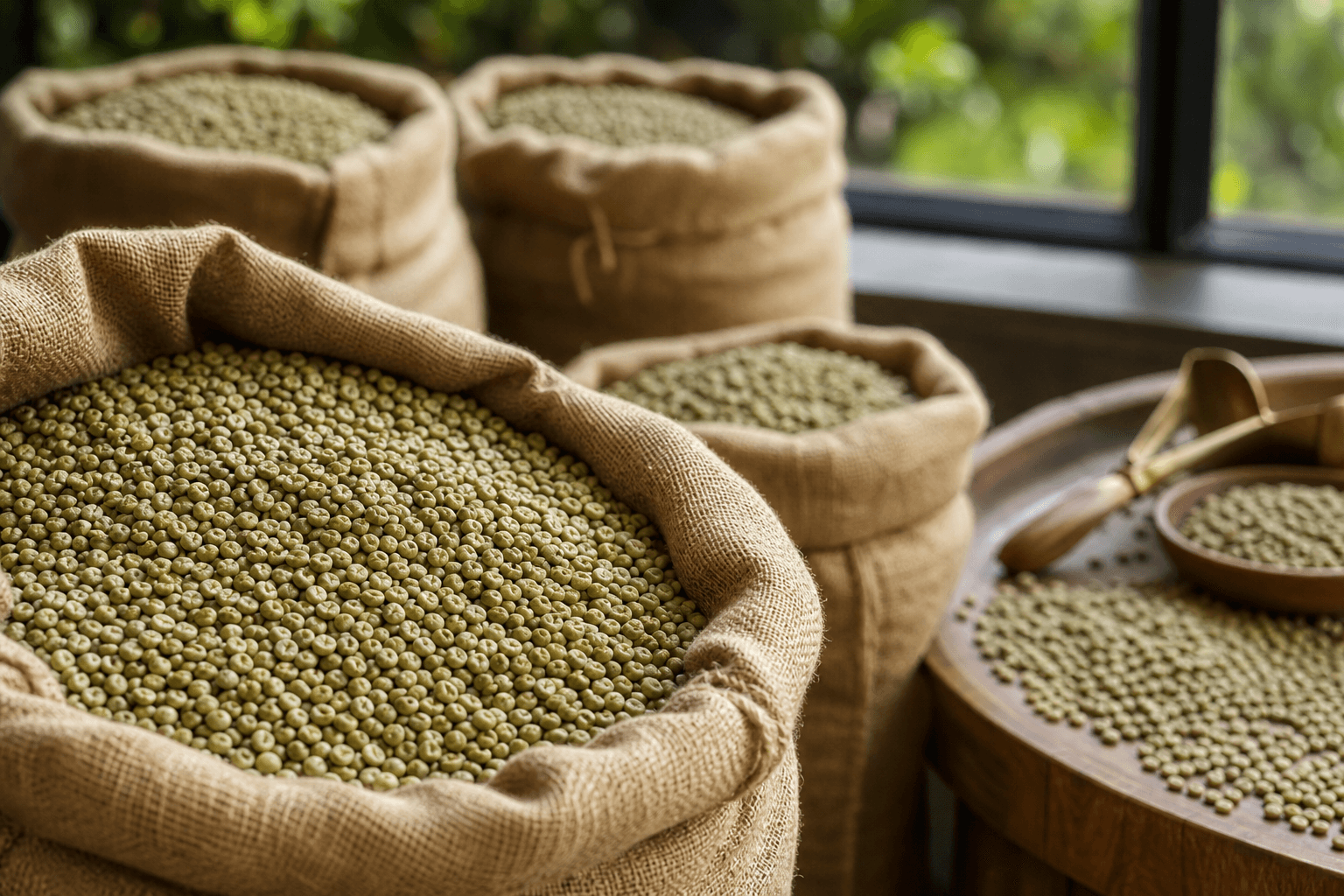 Green coffee beans in burlap sacks